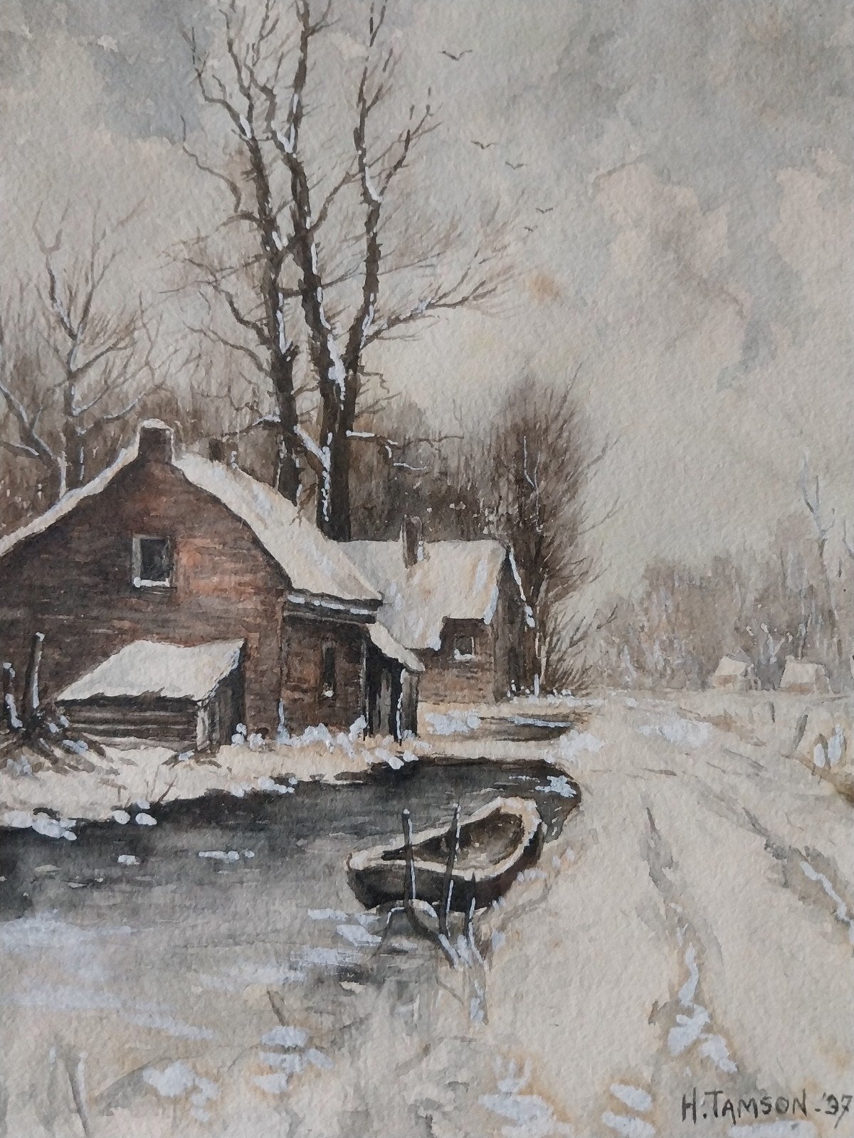Originele aquarel Winterlandschap H.Tamson, Antiek en Kunst, Ophalen of Verzenden