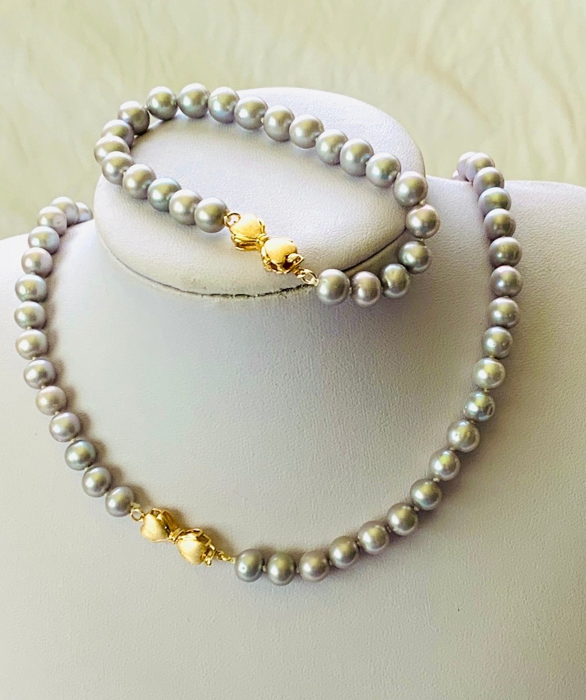 Parel Ketting & Armband met 14K Strikjes Slot - Akoya Parels, Gebruikt, Verzenden, Goud, Grijs