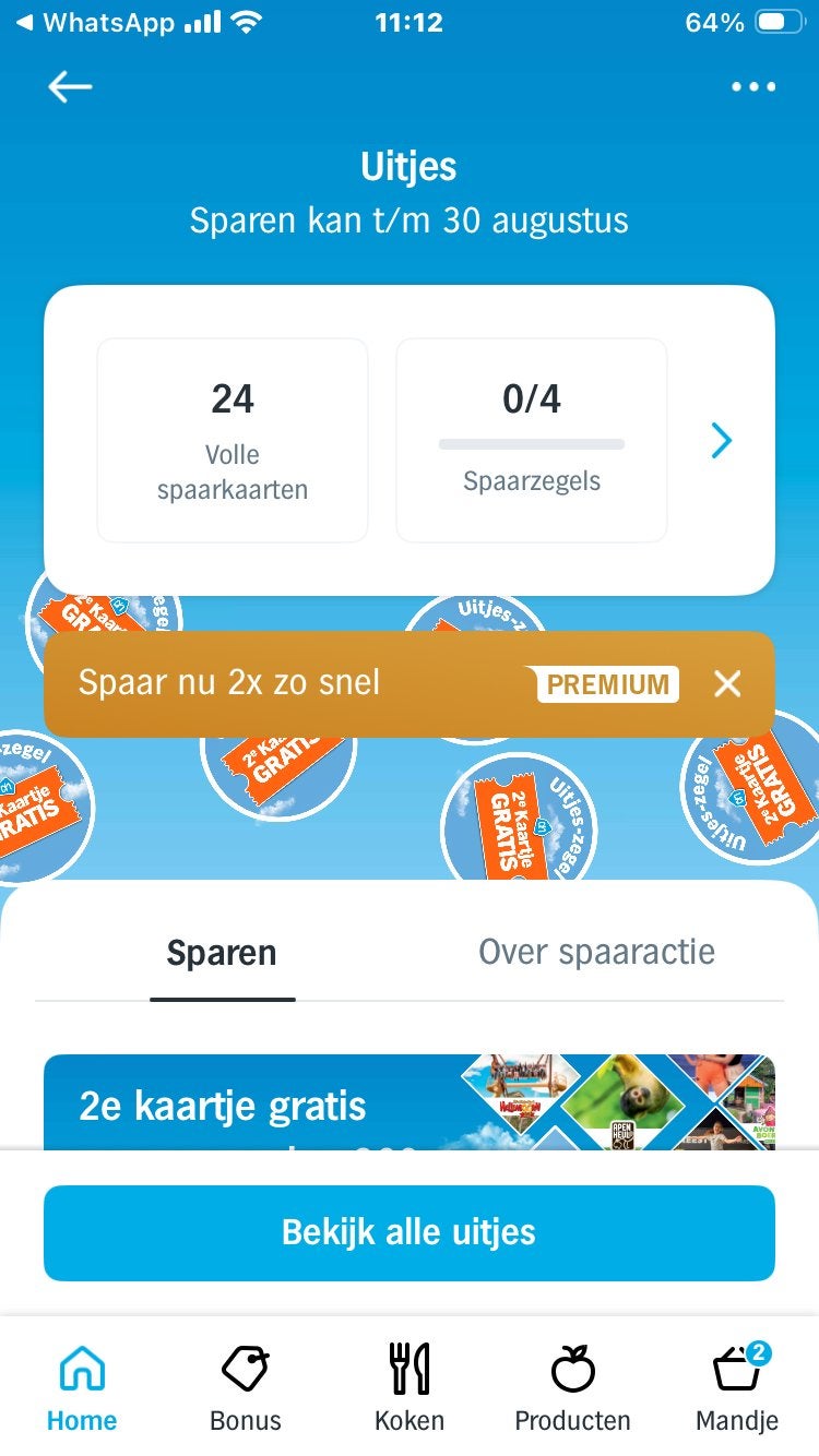 Te koop 2 uitjes kaarten albert heijn, Tickets en Kaartjes, Twee personen, Kortingsbon