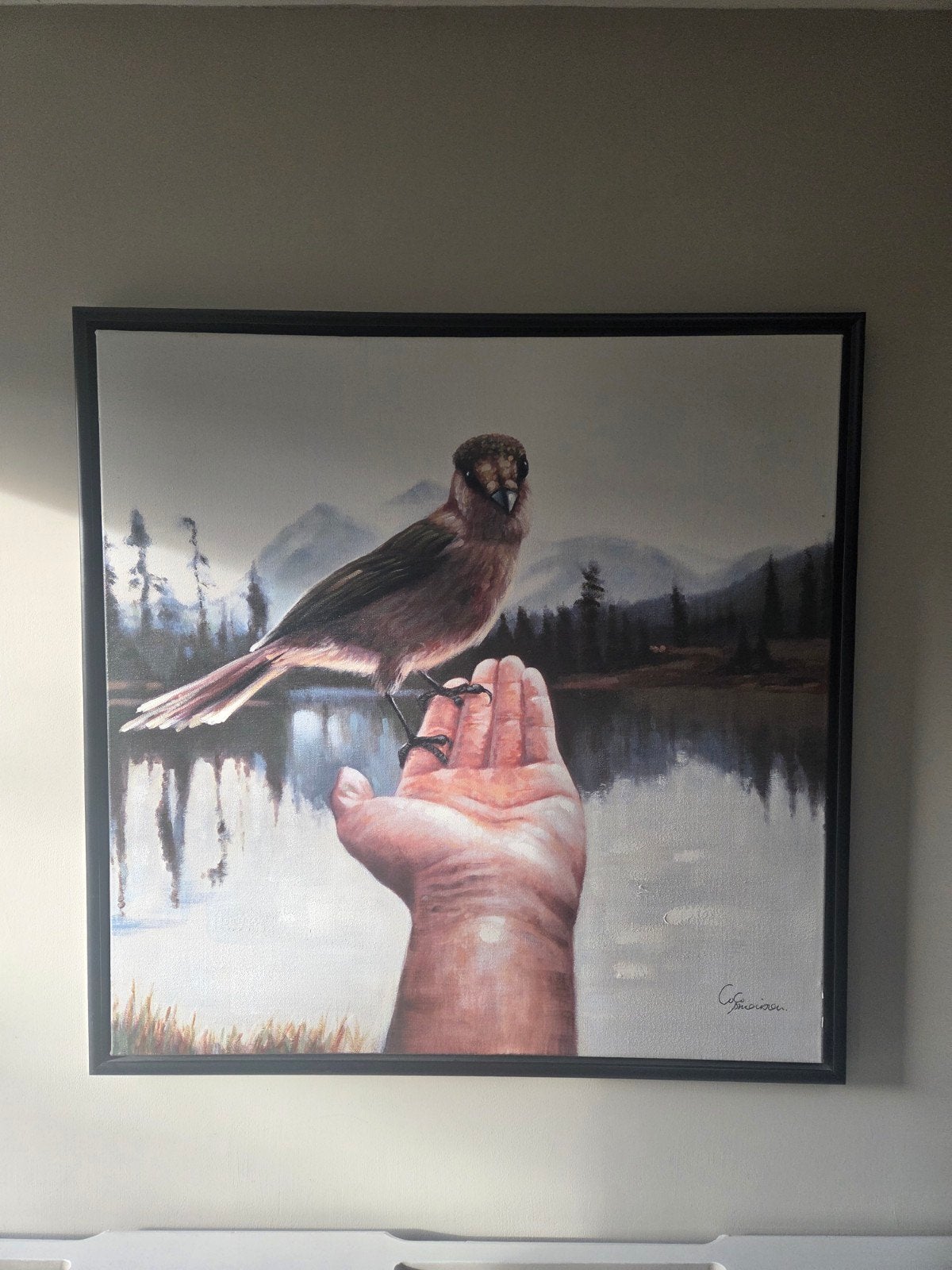 Schilderij Coco Maison 90x90 - Vogel op hand, Gesigneerd, Ophalen of Verzenden, Dieren, Olieverf