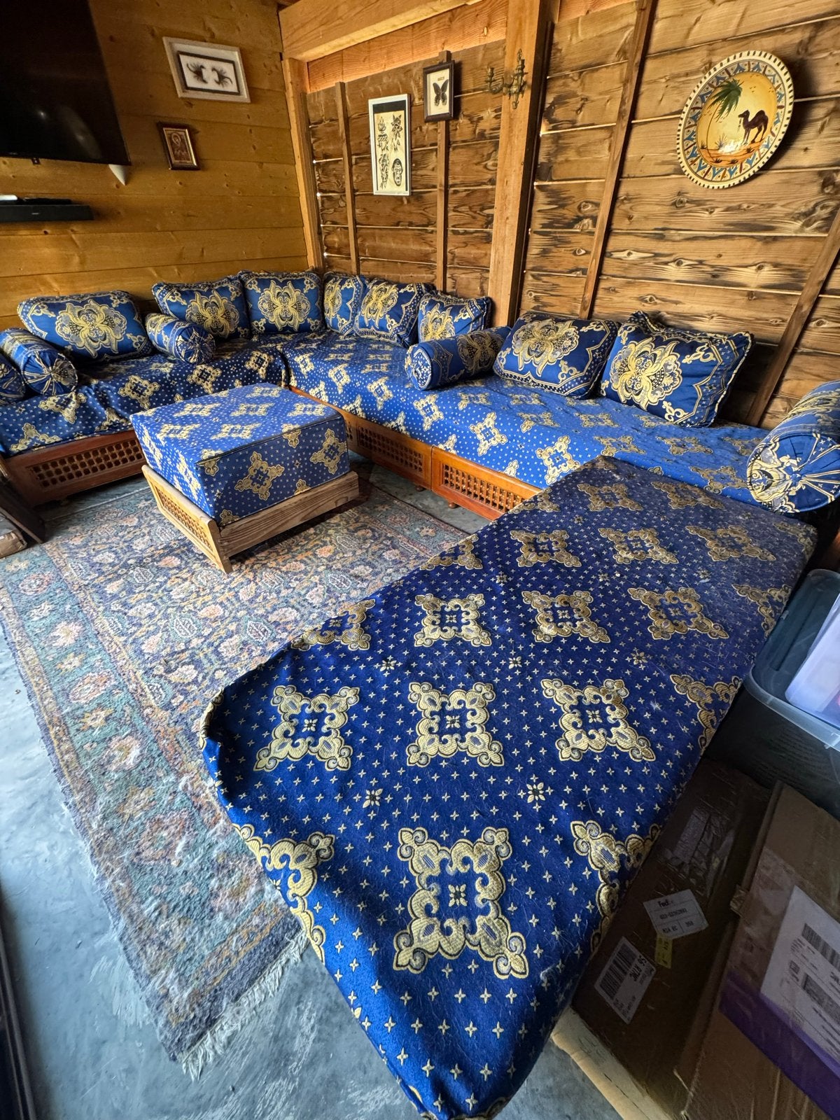 Prachtige Marokkaanse sedari bank met hexagon tafel, Ophalen, Gebruikt, Hoekbank, 300 cm of meer