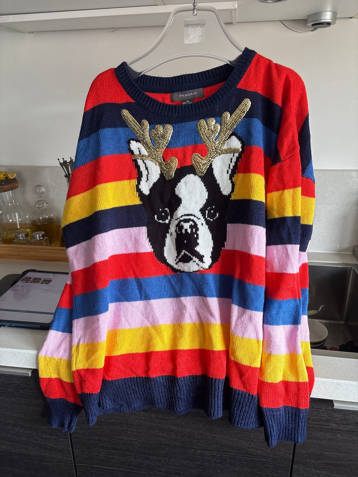 Primark Kersttrui met hond en rendiergewei, Ophalen of Verzenden, Zo goed als nieuw, Maat 38/40 (M), Blauw