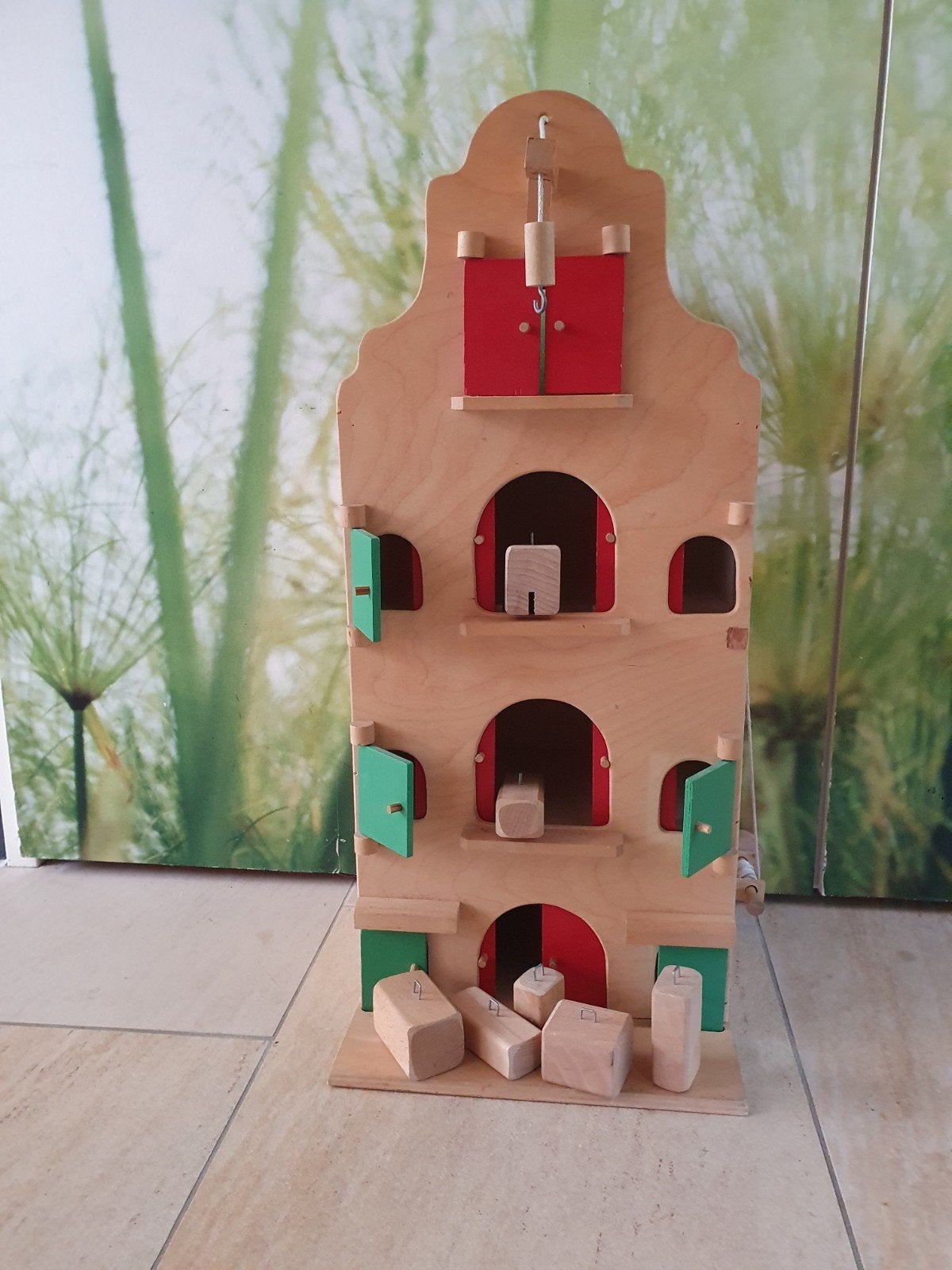 pakhuis van hout met blokken en katrol vintage, Ophalen, Poppenhuis