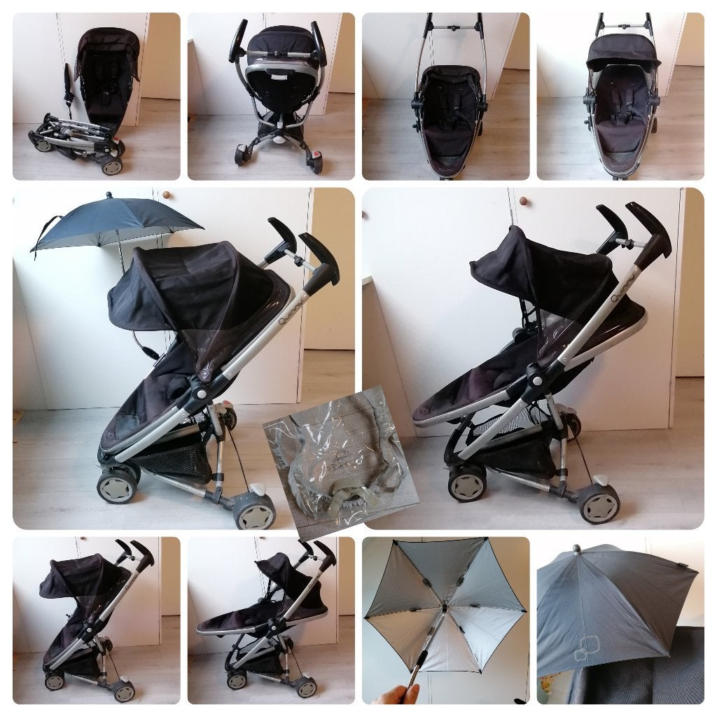 Zwarte Quinny met originele regenhoes en parasol