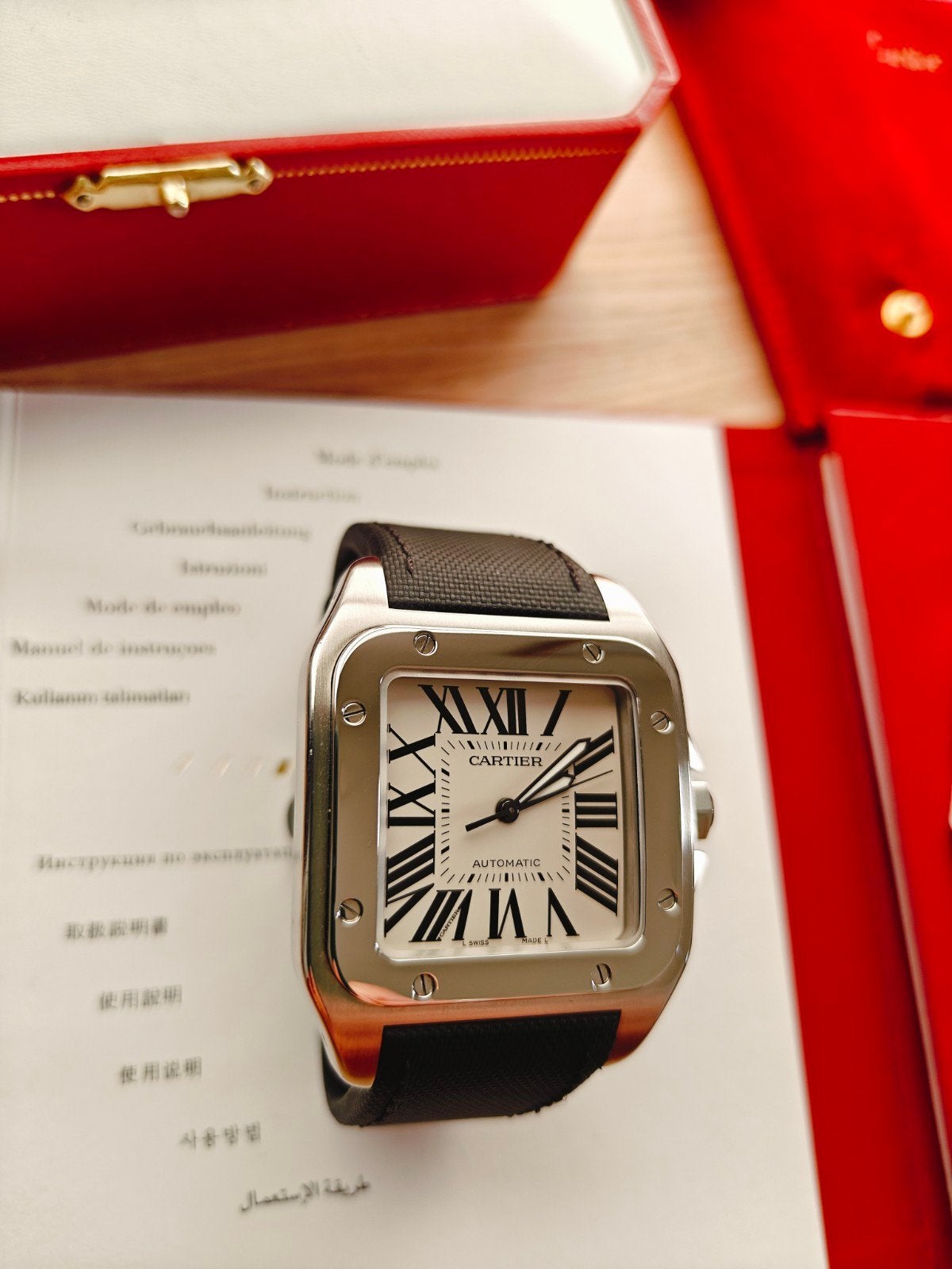 Cartier Santos 100 fullset, Leer, Staal, Polshorloge, Zo goed als nieuw