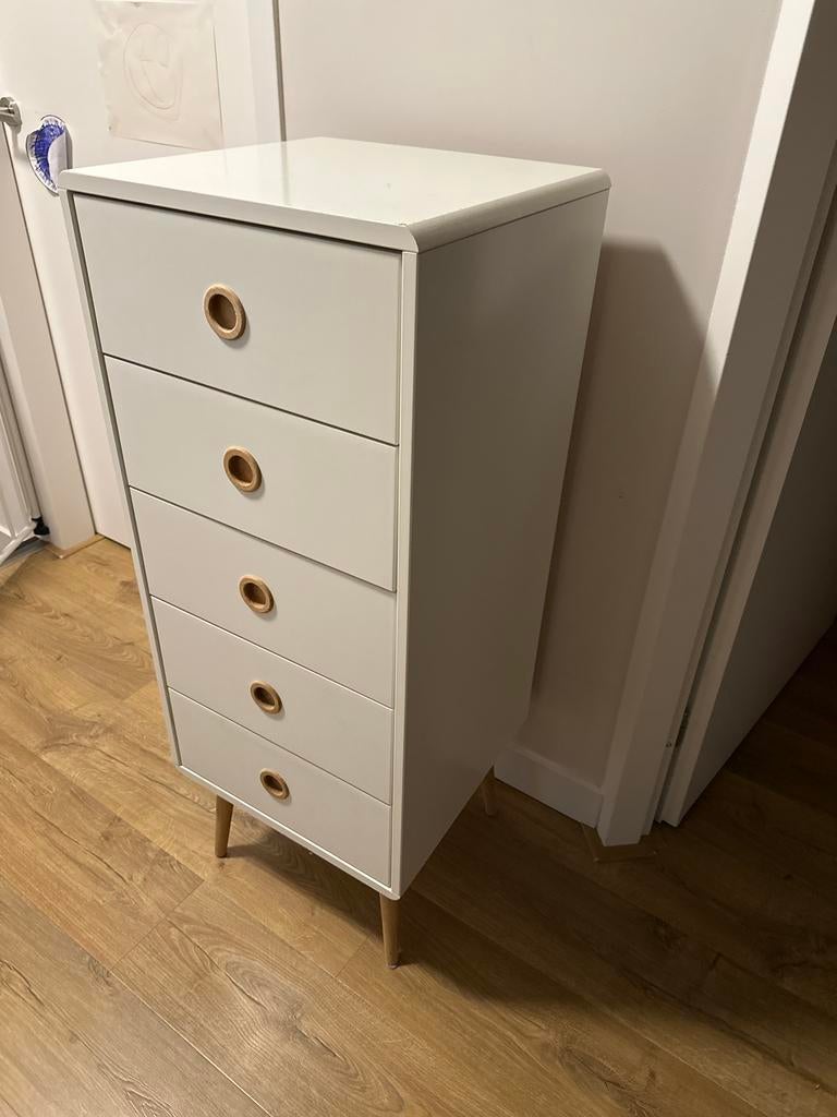 Ladekast met 5 laden - wit met houten accenten, Huis en Inrichting, Kasten | Ladekasten, Ophalen, Minder dan 50 cm, Gebruikt, 5 laden of meer