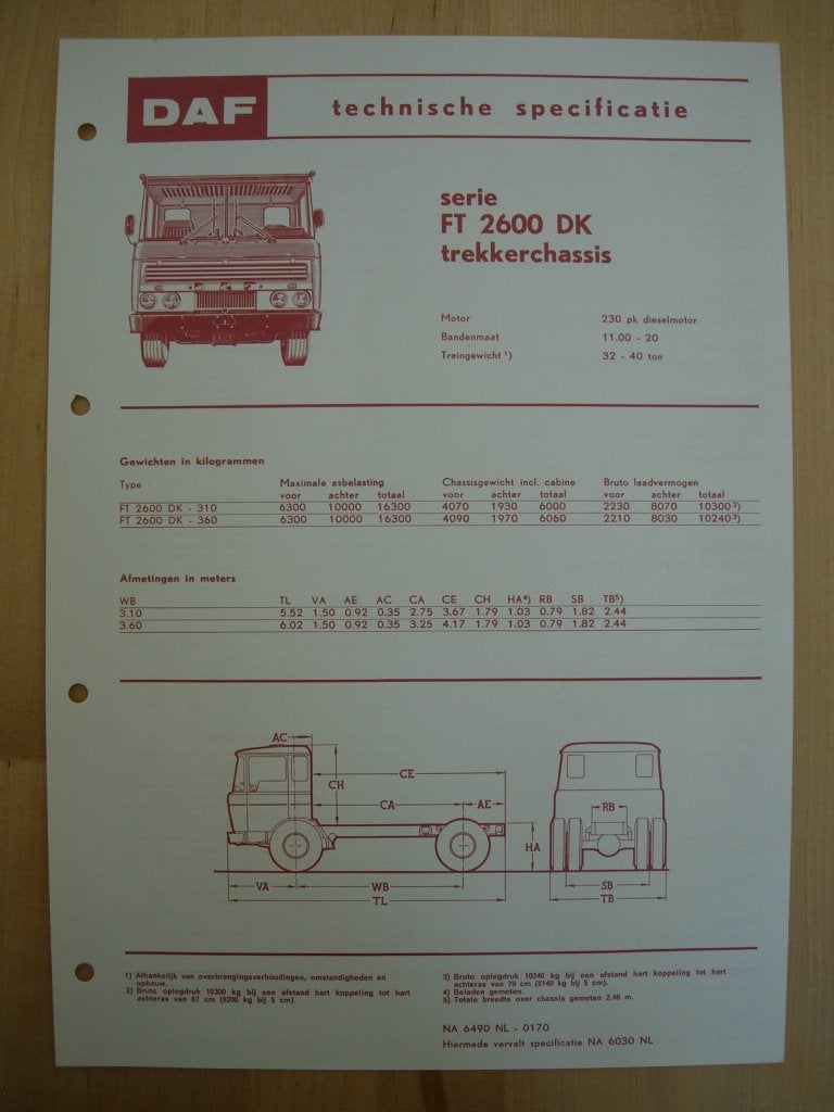 DAF FT 2600 DK Technische Specificatie folder 1970 - 4x2, Ophalen of Verzenden, Zo goed als nieuw, Overige merken, DAF