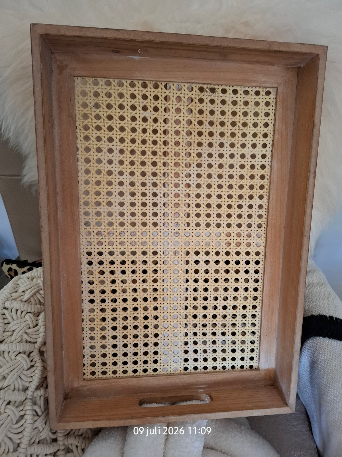 Zgan rotan webbing  bohemian Ibiza dienblad, Ophalen, Zo goed als nieuw, Rond, Overige materialen
