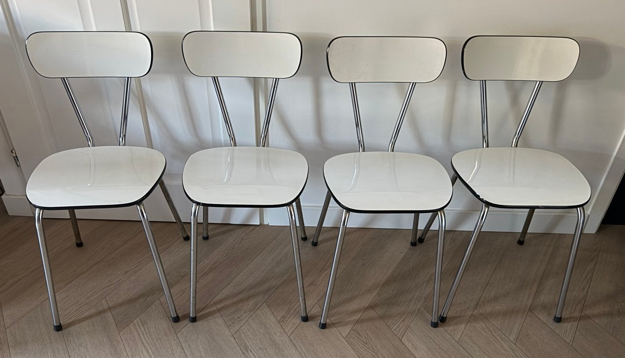 4 Vintage witte  Formica Chroom Eetkamerstoelen, Ophalen, Wit, Zo goed als nieuw, Vier