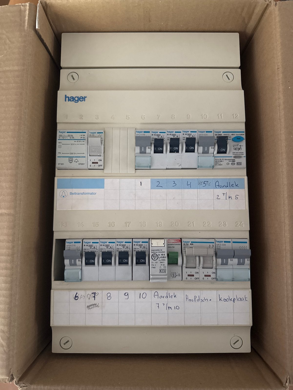 Hager Groepenkast 1-fase met deurbel, kookplaat, airco, EV, Ophalen of Verzenden, Gebruikt, Hager, Groepenkast