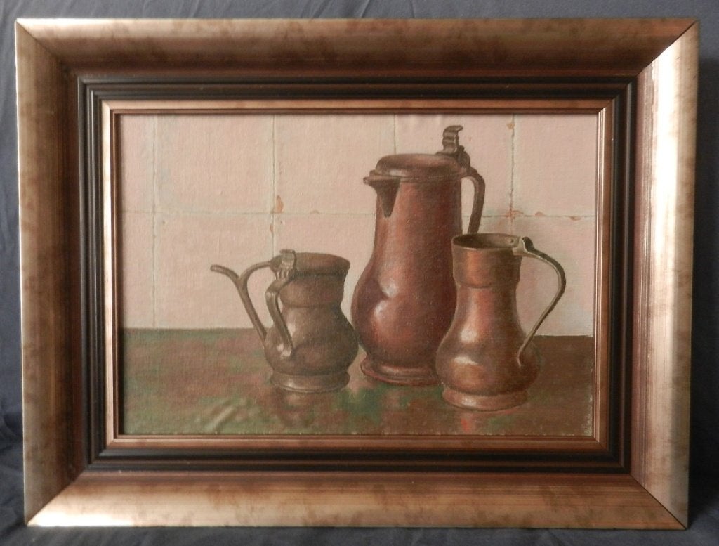 Olieverf Stilleven met tinnen kannen Wim Mühlstaff 24x35 cm., Doek, Realistisch, Origineel werk, Stilleven