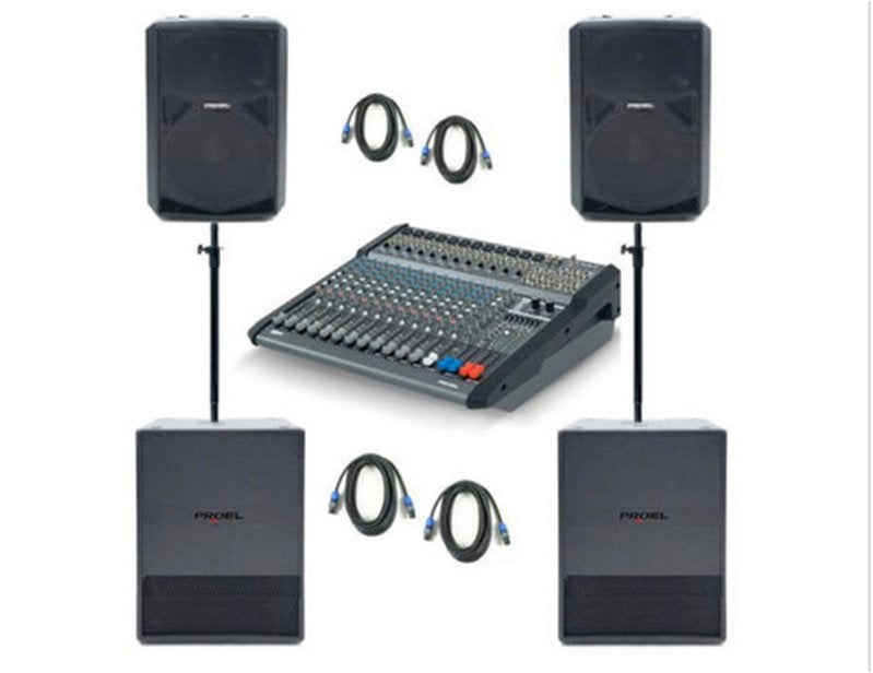 PROEL powered 12 kanaals mixer met 4 speaker units en kabels, Ophalen, Gebruikt, 10 tot 20 kanalen, Microfooningang