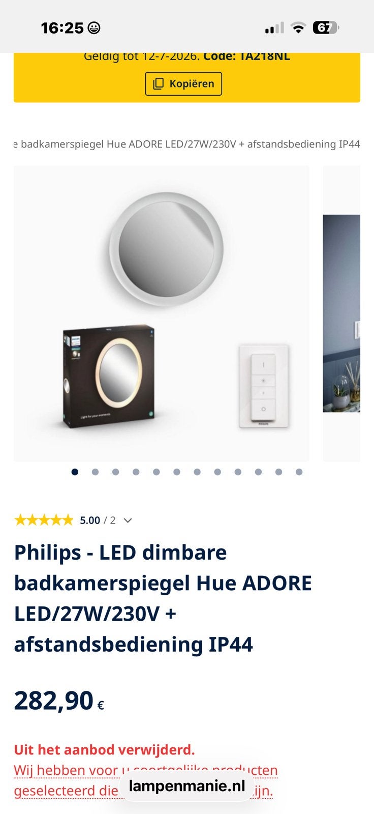 Adore Philips Hue Adore badkamer spiegel, Ophalen of Verzenden, Zo goed als nieuw, Rechthoekig, Minder dan 100 cm