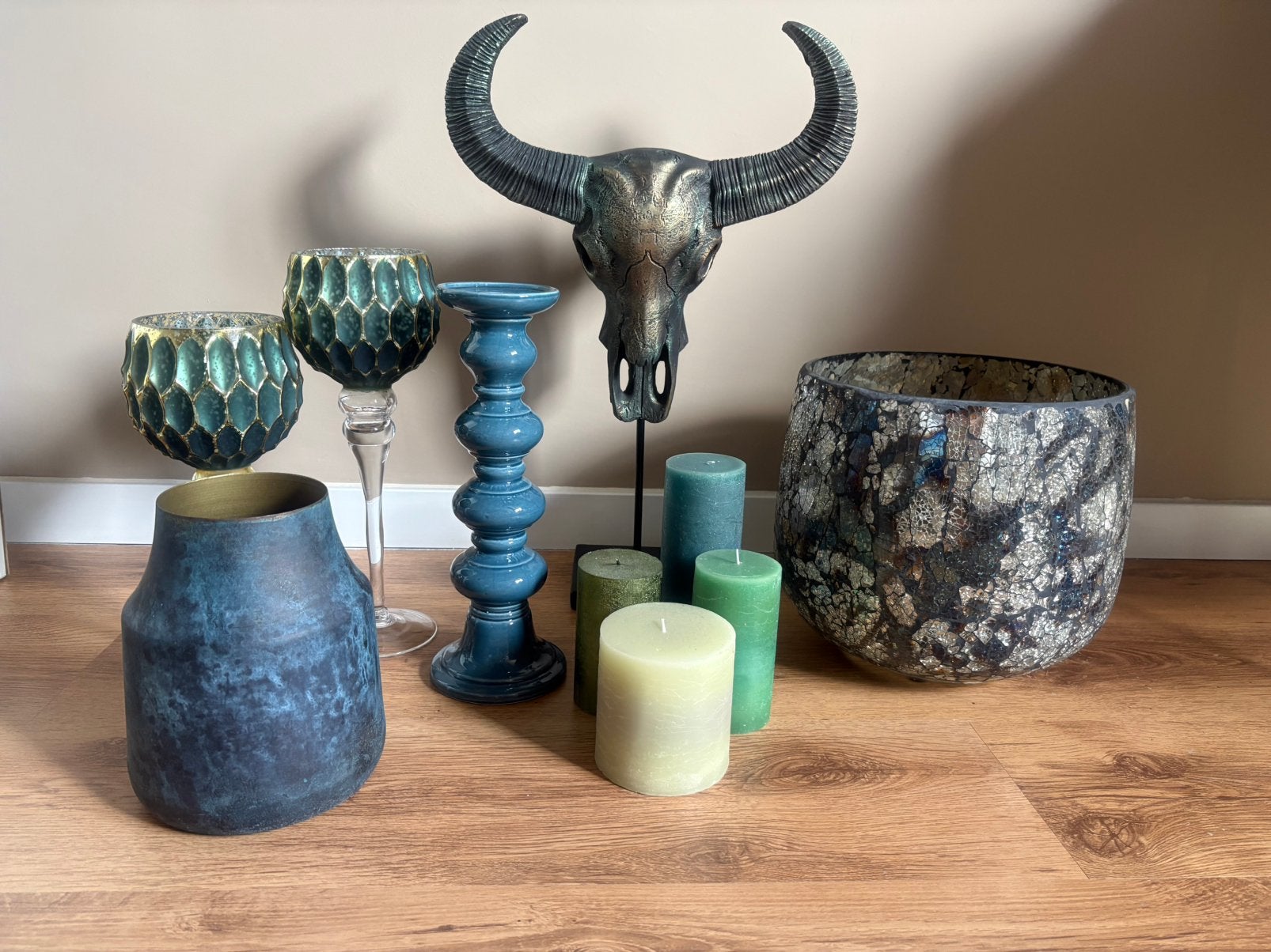 Decoratie groen/blauw/turqoise/goud, Ophalen, Blauw, Kandelaar, Glas