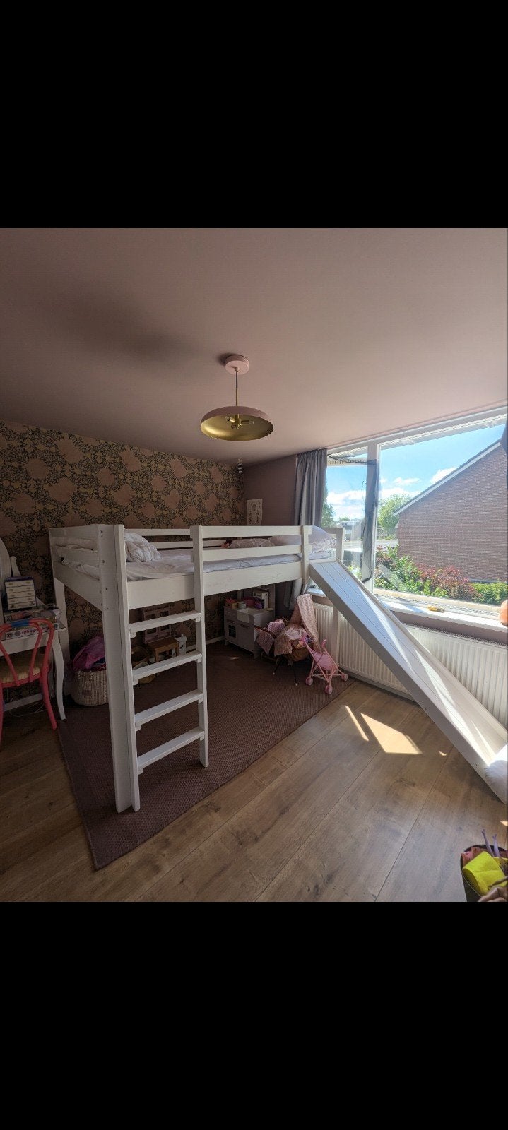 Tweepersoons houten hoogslaper met glijbaan, Huis en Inrichting, Slaapkamer | Stapelbedden en Hoogslapers, Ophalen, Gebruikt, Hoogslaper