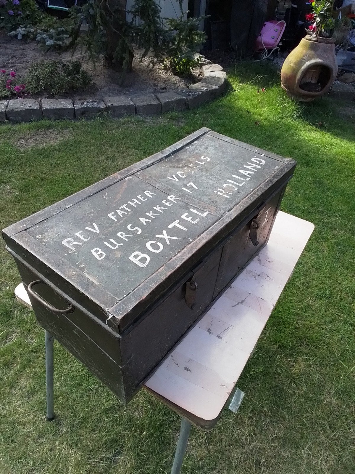 15518) mooi antieke metalen transport kist 66x31x31 cm, Ophalen of Verzenden, 50 tot 100 cm, Minder dan 50 cm