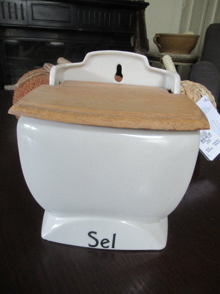 antieke FRANSE porseleinen ZOUTPOT "Sel" + houten deksel, Antiek en Kunst, Antiek | Keukenbenodigdheden, Ophalen of Verzenden