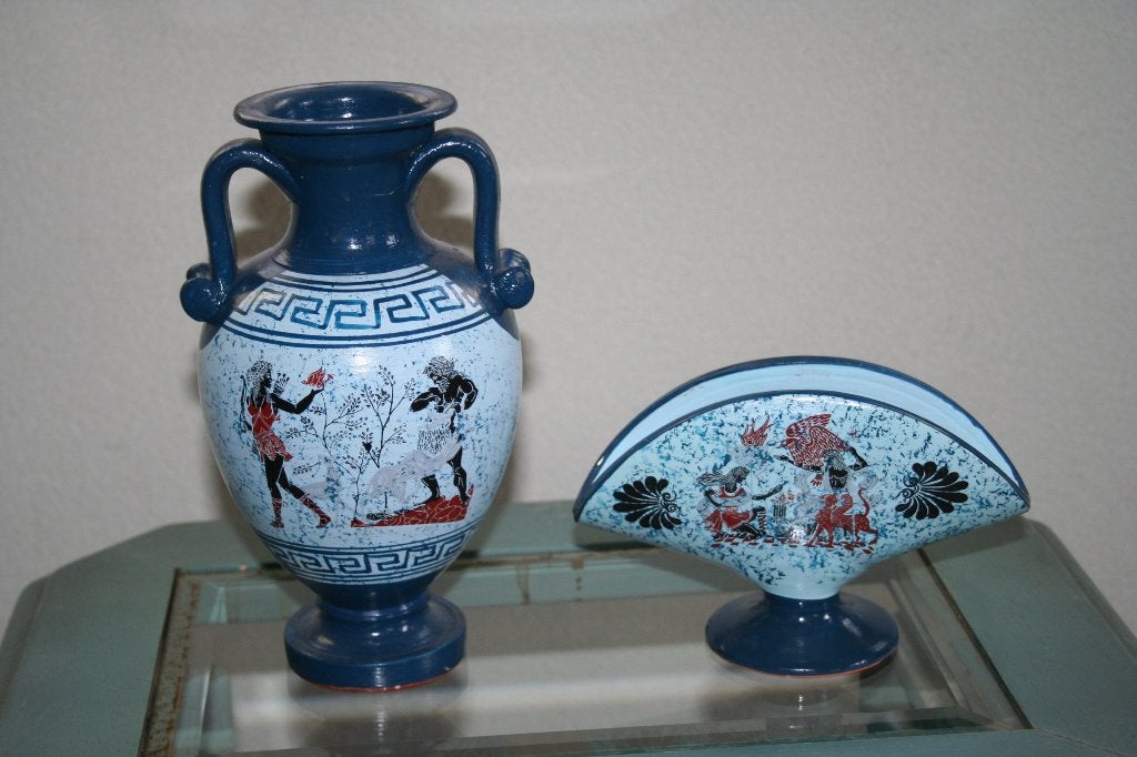Handbeschilderd vaas + servethouder keramiek grieks, 21 cm, Blauw, Nieuw, Ophalen of Verzenden