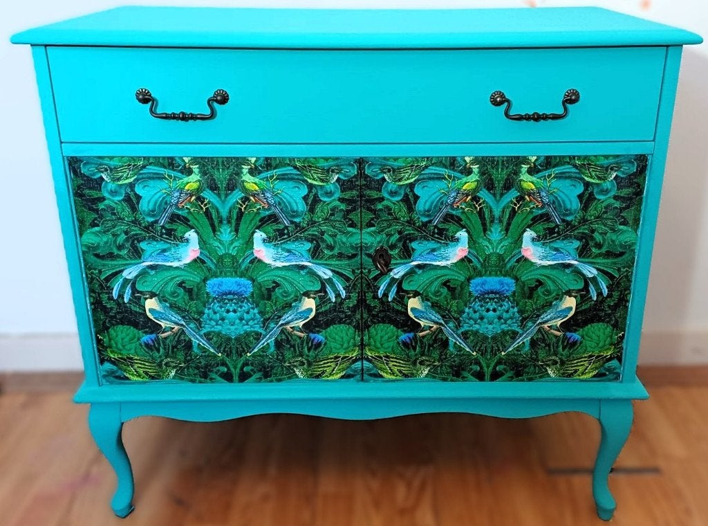 Een blauwe Queen Ann kast, lade vogels, bloemen, dressoir, Ophalen of Verzenden, Zo goed als nieuw, 25 tot 50 cm, 150 tot 200 cm