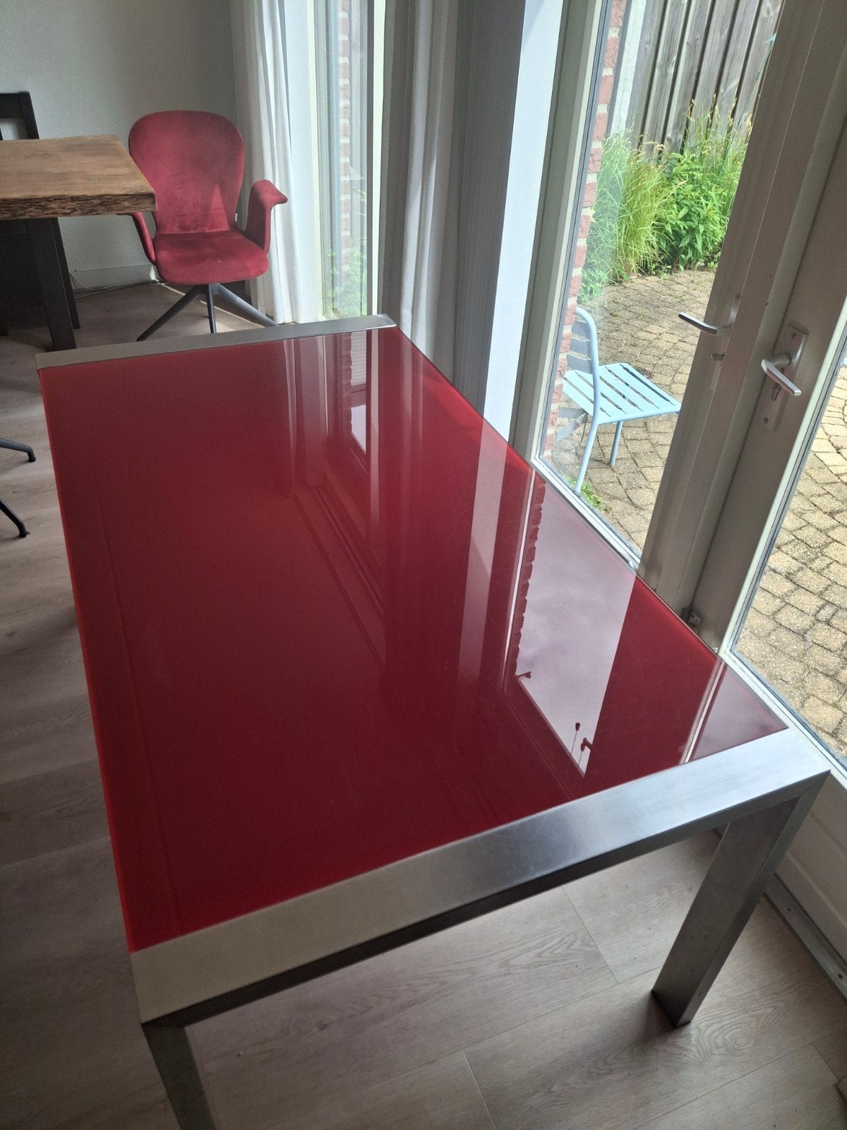 Design Tafel RVS Glas Rood (166x90x76 cm) - Gebruikt, Huis en Inrichting, Tafels | Eettafels, Ophalen