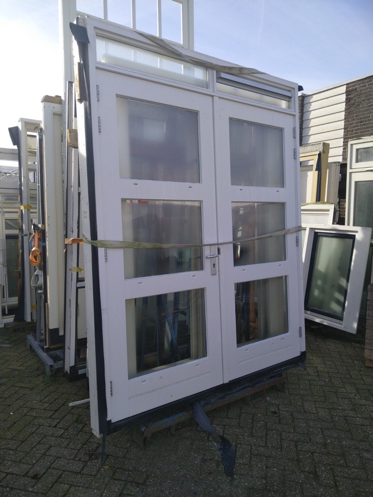 kozijn met dubbele tuindeuren en boven licht, Ophalen of Verzenden, Glas, 120 cm of meer, 215 cm of meer