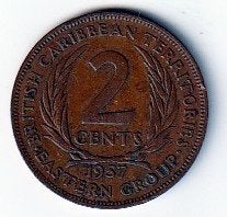 2  cent  1957  East Carribian Territoris. km. 3 ( 0,60 ), Ophalen of Verzenden, Noord-Amerika, Losse munt