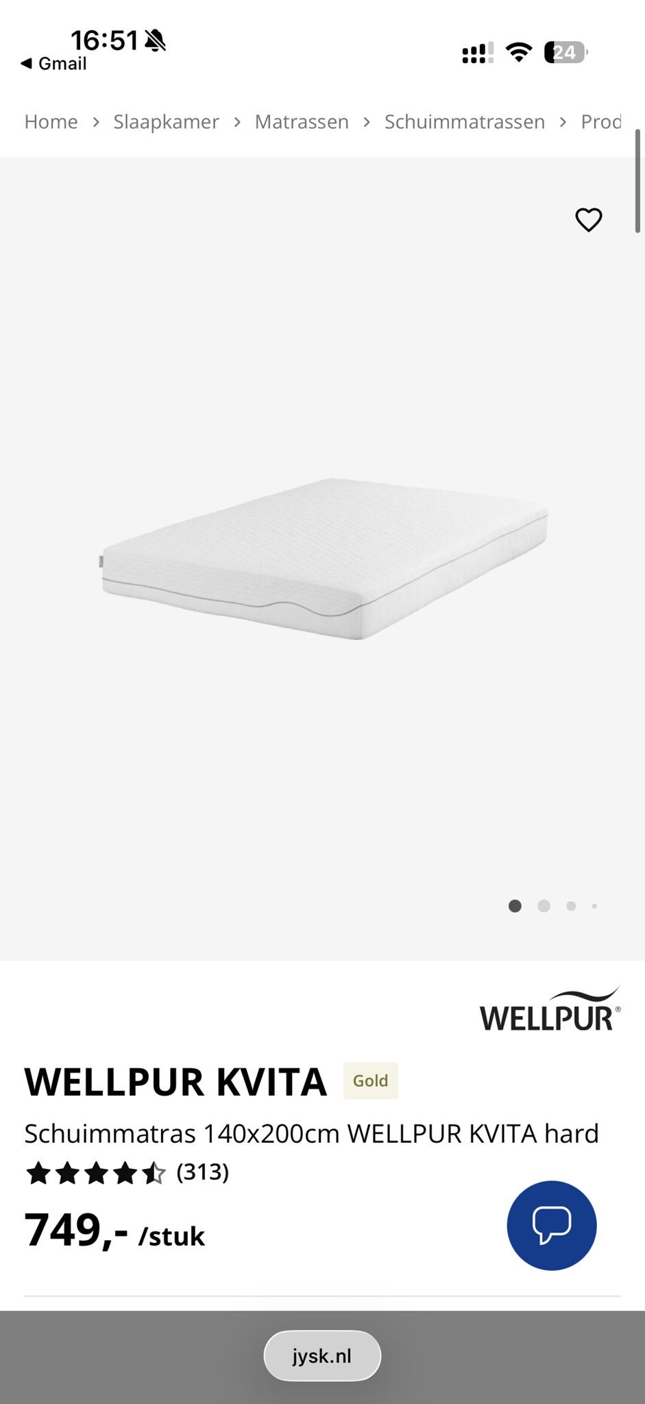 Wellpur Kvita Schuimmatras 140x200cm, Huis en Inrichting, Ophalen, Tweepersoons, 140 cm, Zo goed als nieuw