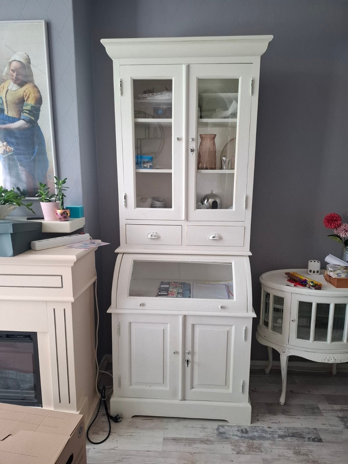 Witte buffetkast met vitrine en secretaire, Ophalen, Gebruikt, Met deur(en), Glas