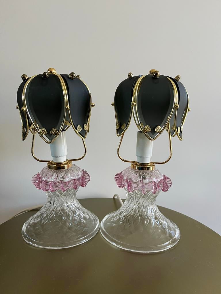 2 Murano glazen tafellampjes met Lotus lamp kapjes, Ophalen, Zo goed als nieuw, Glas, Minder dan 50 cm