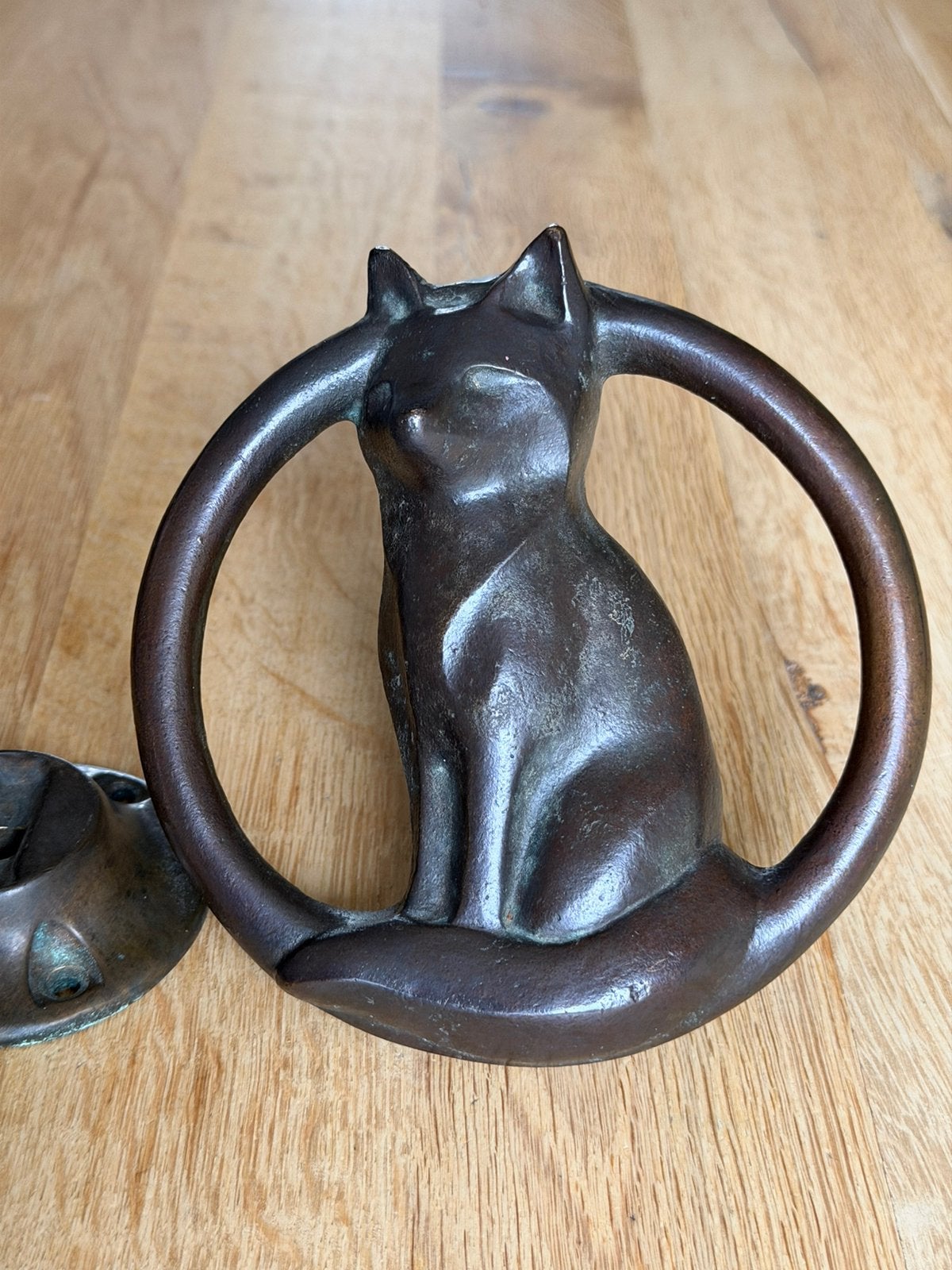 Grote antieke deurknop / greep Vos / Poes, Ophalen of Verzenden, Brons