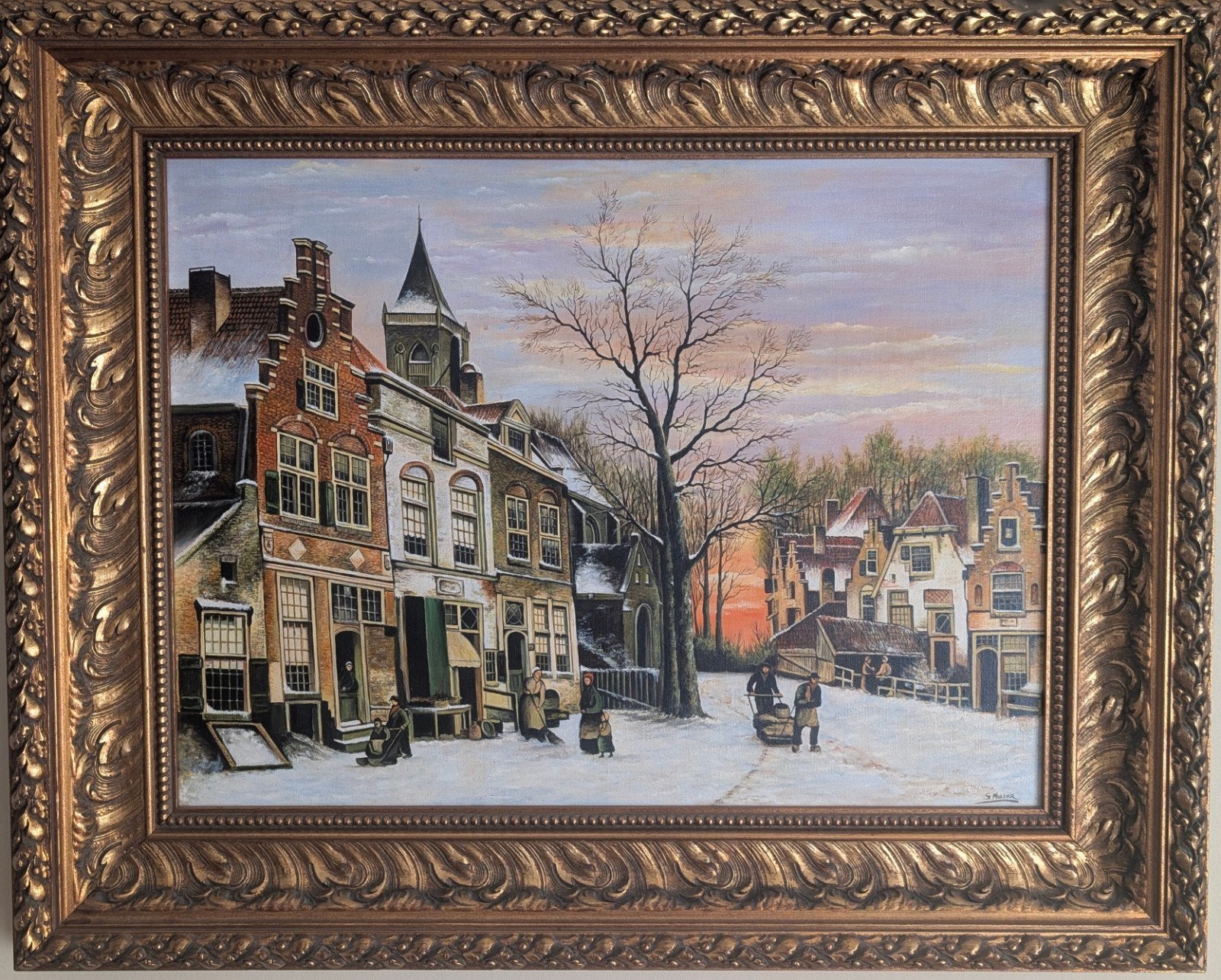 Winter Stads/Dorpsgezicht in Zware Vergulde Baroklijst, Ophalen, Doek, Realistisch, Olieverf