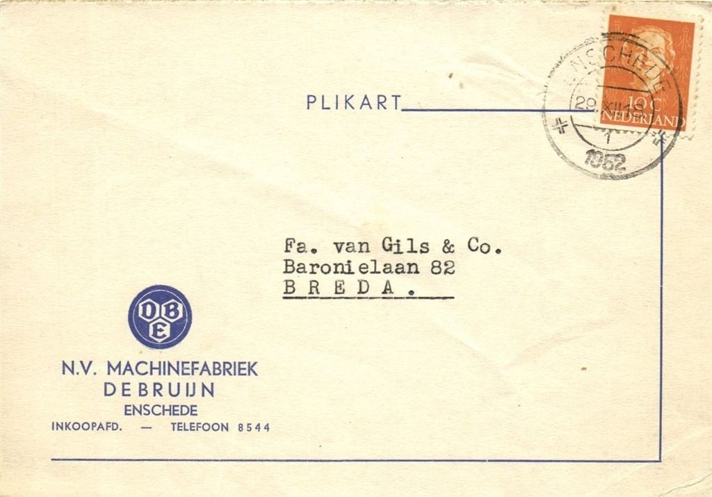 NV Machinefabriek De Bruijn, Enschede - 12.1952 - plikart, Ophalen of Verzenden, Briefkaart