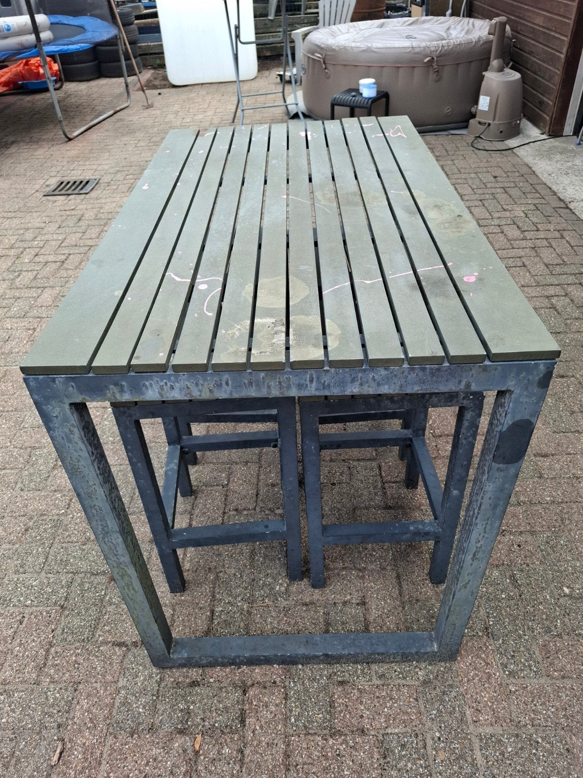 Stevige bartafel met 4 krukken - Gebruikt, Ophalen, Gebruikt, Rechthoekig, Metaal