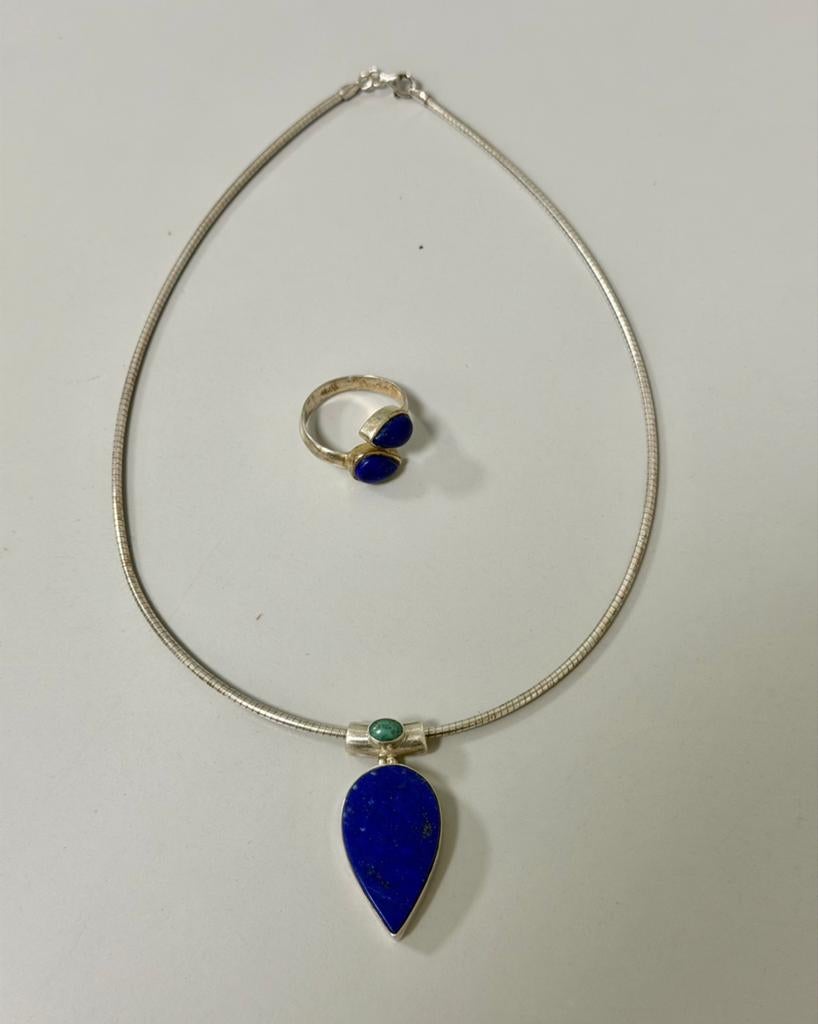 Vintage 925 zilveren zilver set Lapis Lazuli ketting + ring, Ophalen of Verzenden, Zilver, Ketting, Met edelsteen