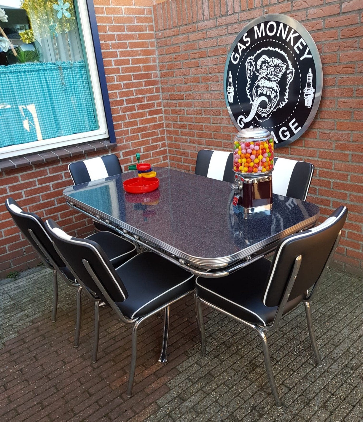 FIFTIES SIXTIES BEL AIR DINER STOELEN MET TAFEL AMERIKAANS, Ophalen, Zwart, Overige materialen, Vijf, Zes of meer stoelen
