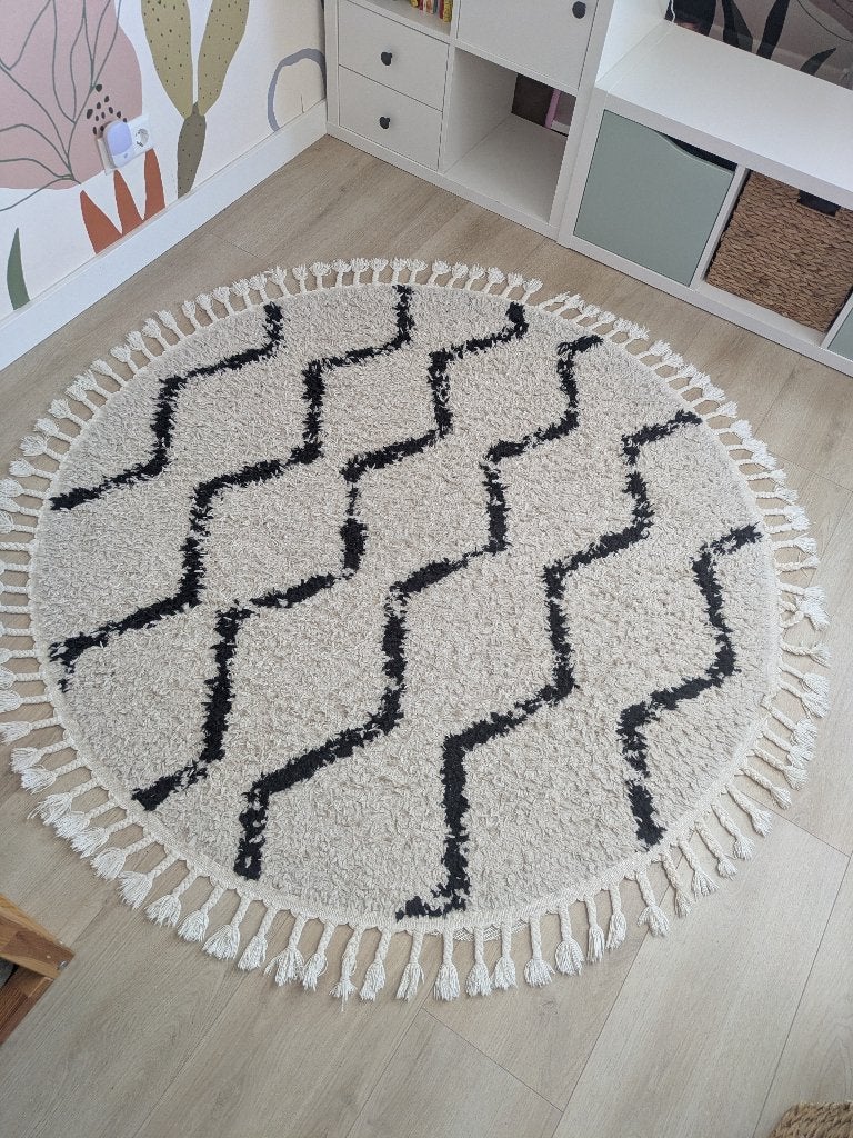 Rond Berber Vloerkleed FRAAI Grand Weave 150cm (Crème/Zwart), Berber / Bohemian / Scandinavisch, Ophalen of Verzenden, Zo goed als nieuw