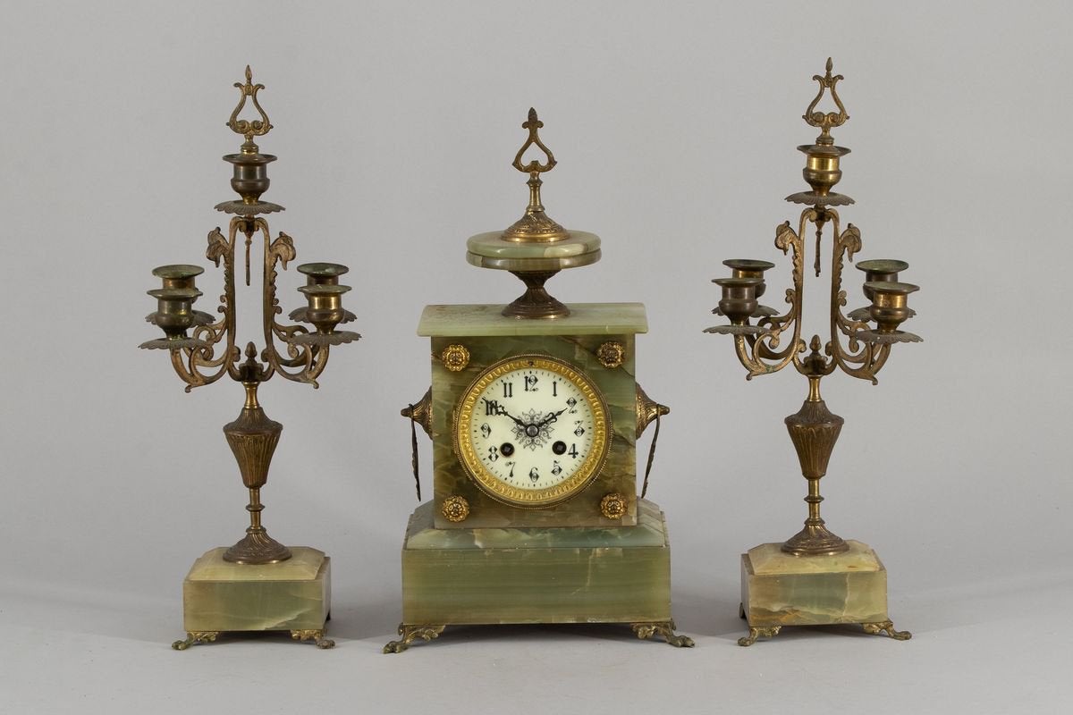 Antiek 3-delig klokkenstel, Frankrijk 1875 klok + kandelaren, Ophalen of Verzenden