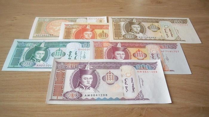 Mongolie 2000/2011, 6 verschillende bankbiljetten (UNC), Verzenden, Zuidoost-Azië, Setje