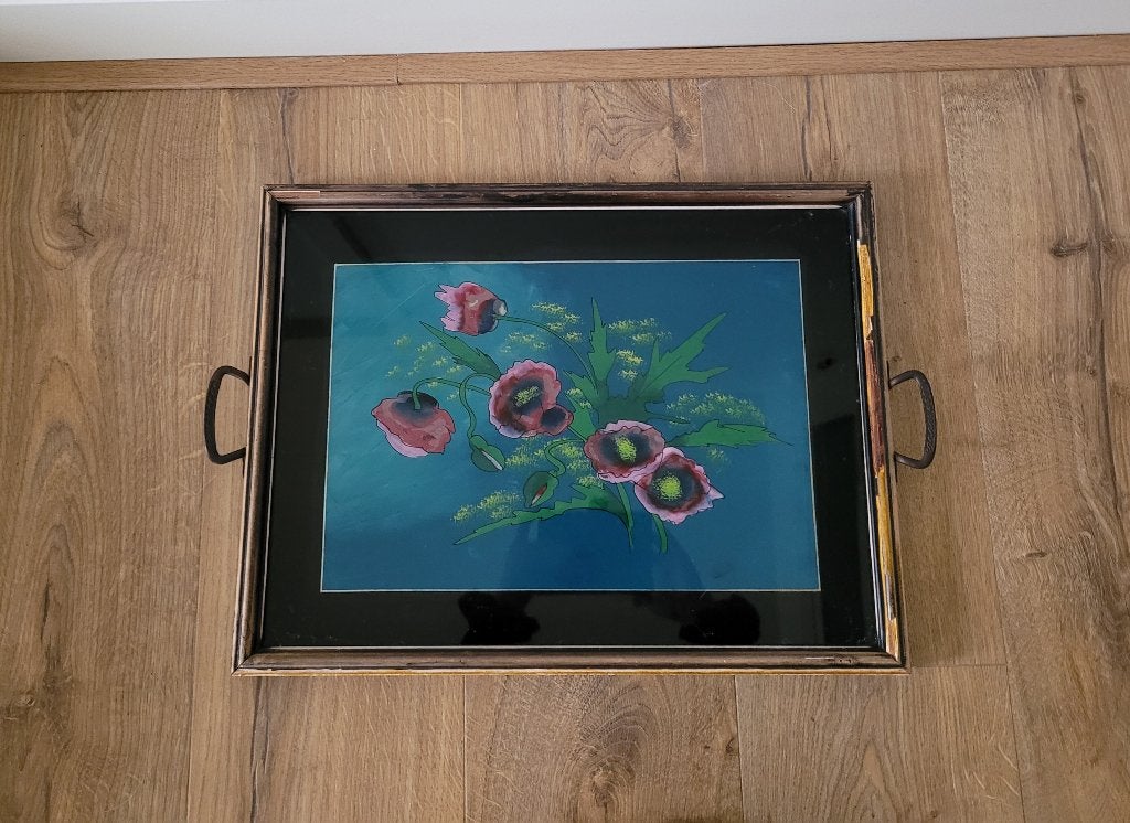 Art Nouveau dienblad met achterglas schildering bloemen, Antiek en Kunst, Ophalen of Verzenden