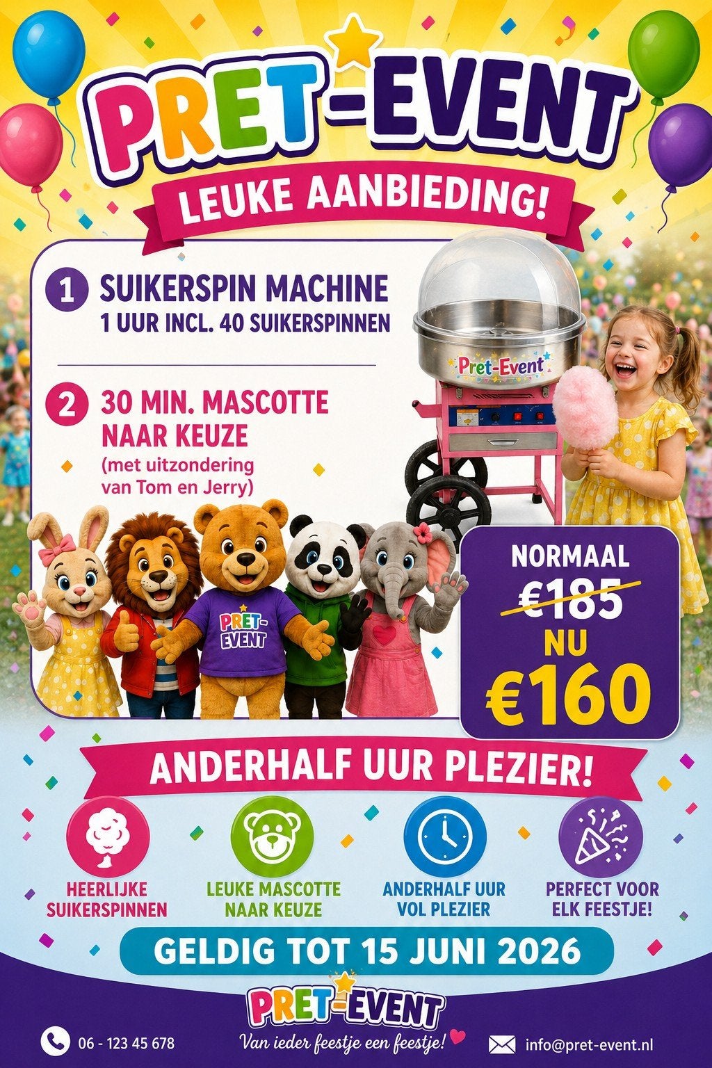 Aanbieding  suikerspin machine met mascotte en begeleider, Ophalen of Verzenden, Nieuw, Overige