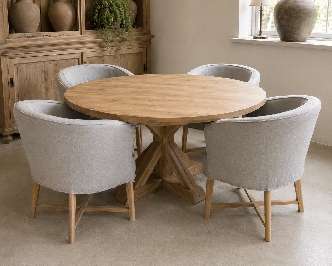 Ronde kloostertafel 145cm 4 Woody stoelen | Compleet €250, Huis en Inrichting, Tafels | Eettafels, Nieuw, 100 tot 150 cm, Rond