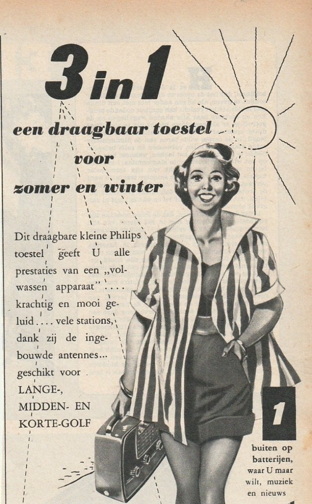 Retro reclame 1953 Philips 3 in 1 draagbare radio, Verzenden, Overige typen