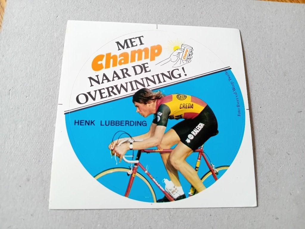 Champ reclamesticker met Henk Lubberding 10cm, Verzamelen, Ophalen of Verzenden, Zo goed als nieuw, Bedrijf of Vereniging