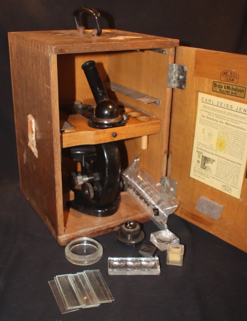 Vintage Carl Zeiss Jena Microscoop Originele Kast + Sleutel!, Ophalen of Verzenden, Gebruikt, Minder dan 400x, Biologische microscoop