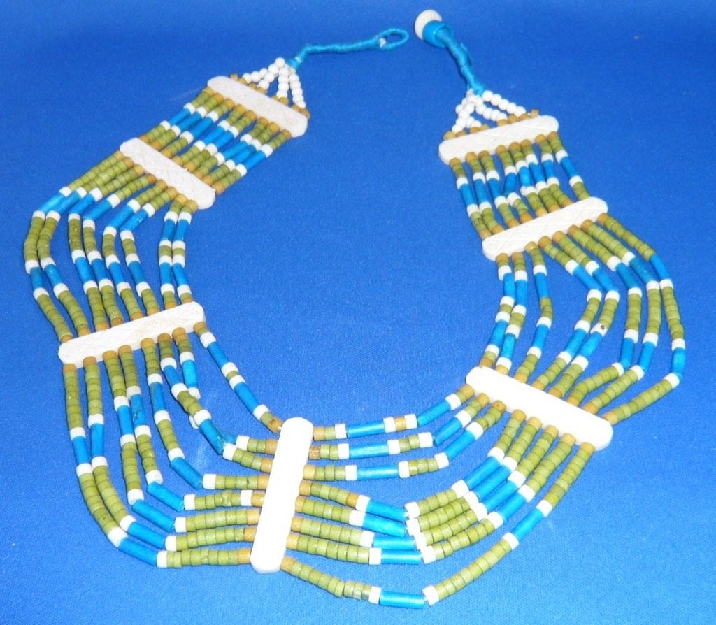 Ketting - Vintage ‘Tribal’  been, turkoois en groene kralen, Ophalen of Verzenden, Nieuw, Groen, Overige materialen