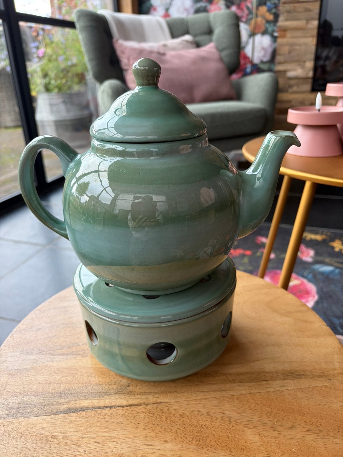 Theepot met theelicht Volendams aardewerk groen, Huis en Inrichting, Keramiek, Vintage, Ophalen of Verzenden, Zo goed als nieuw