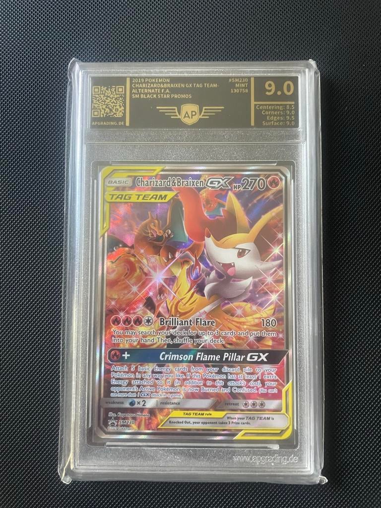 Charizard & Braixen GX SM230 AP 9 Pokemon Kaart, Ophalen of Verzenden, Zo goed als nieuw, Losse kaart