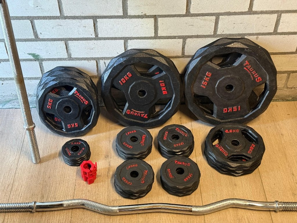 Complete set gewichten en halterstangen, Sport en Fitness, Fitnessmaterialen, Ophalen, Zo goed als nieuw, Benen, Halterset