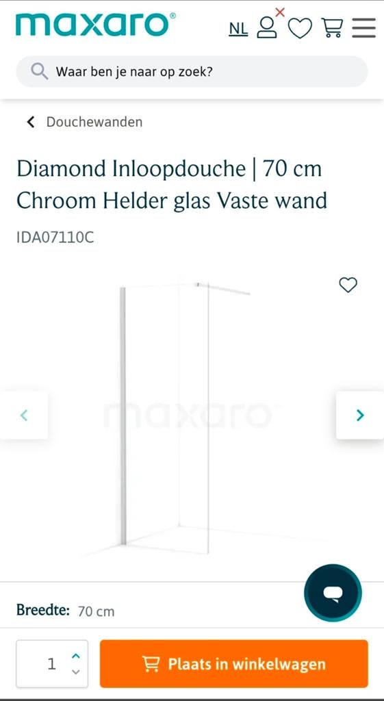 Maxaro Diamond Inloopdouche 70 cm Helder Glas, Ophalen, Nieuw, Glas, Douche
