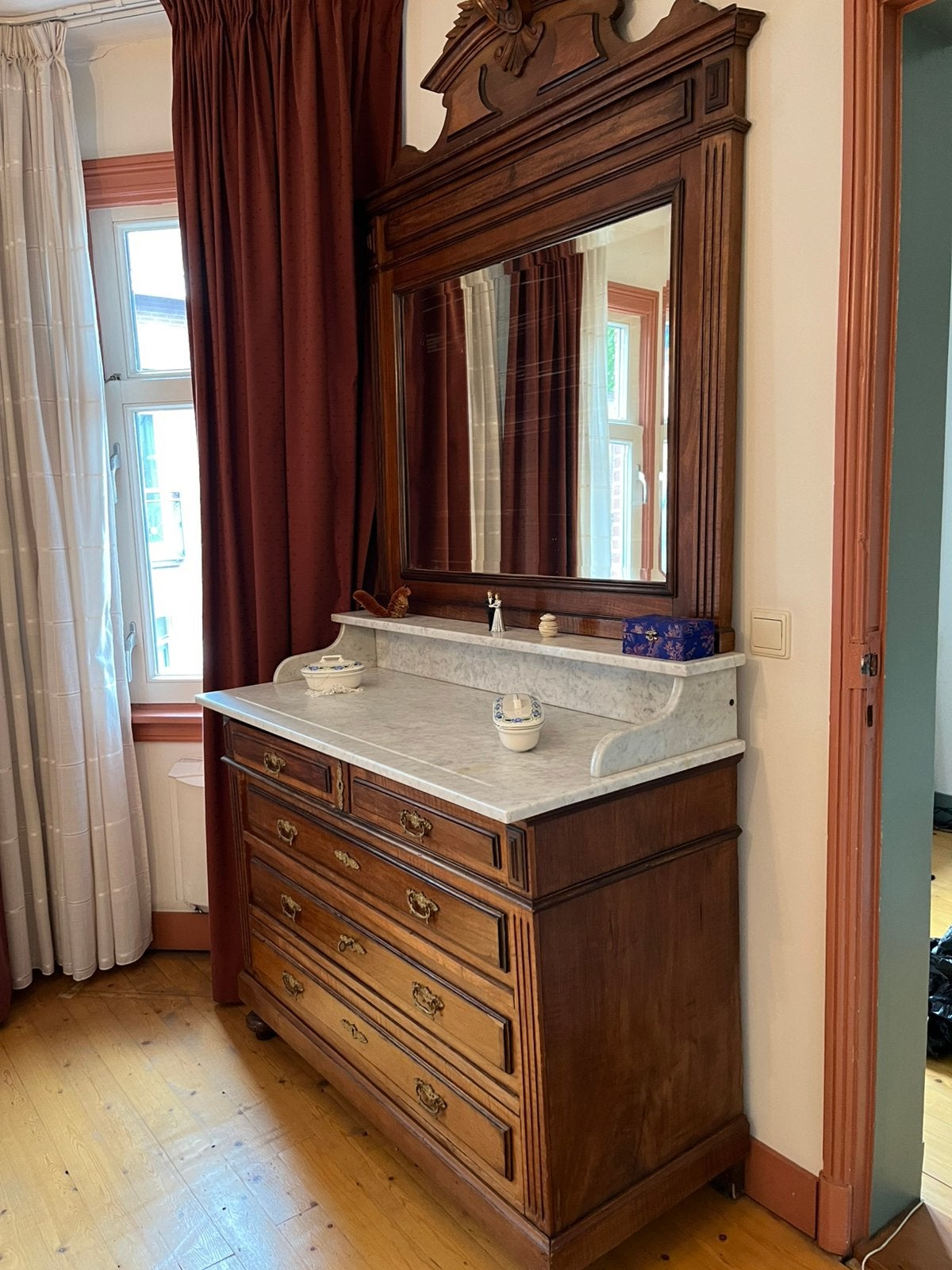 Prachtige antieke eiken commode met marmeren blad & spiegel., Antiek en Kunst, Ophalen